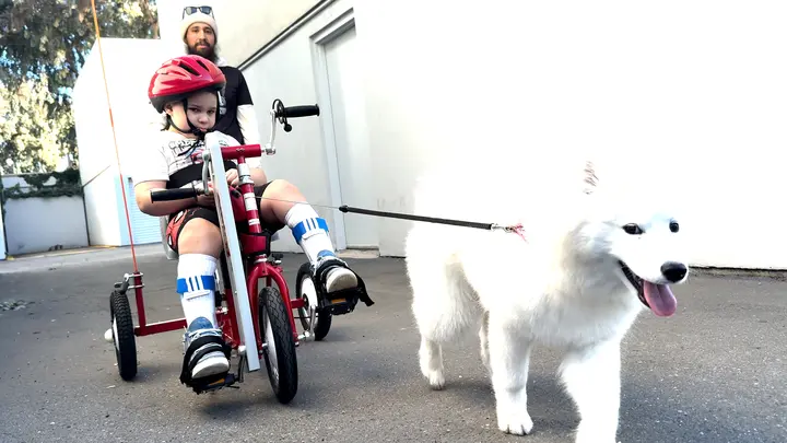 Lukas riding his earlier adaptive Tryke beside a white dog.